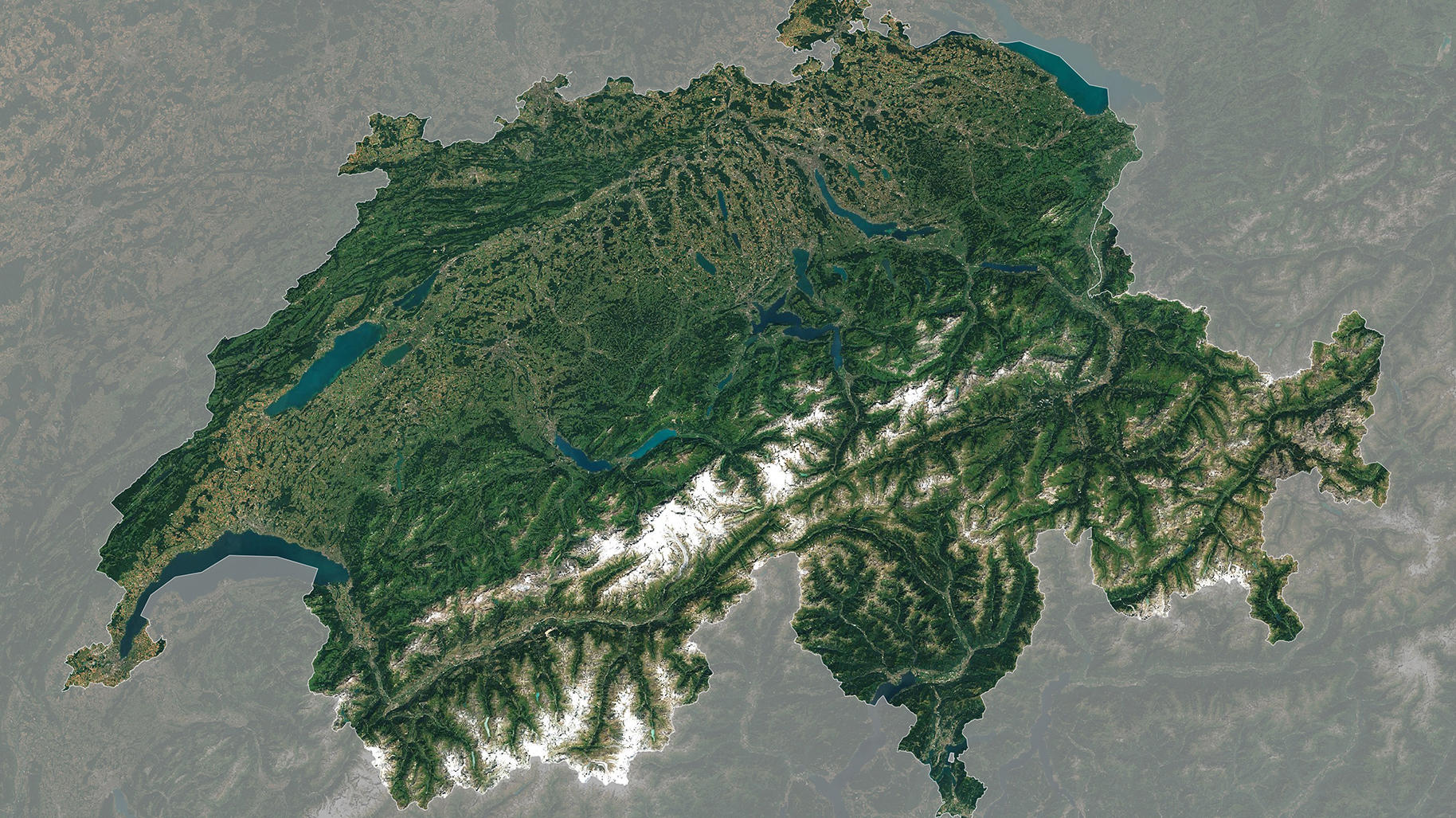 Cloud-free mosaic of Switzerland in 2018, seen by the Sentinal-2 satellite.