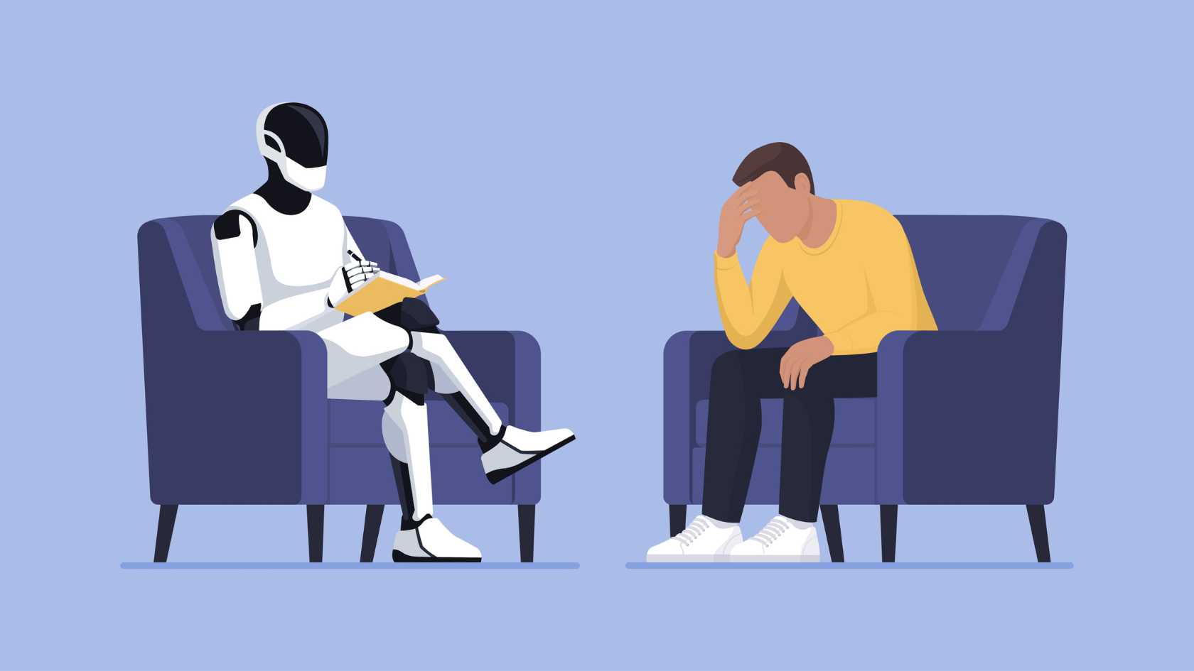 Illustration einer Psychotherapiesitzung: Ein sorgenvoller Mann, Kopf in eine Hand gestützt, sitzt einem humanoiden Roboter gegenüber, der sich Notizen in einem Notizbuch macht.