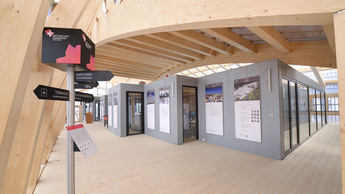 So sieht der Informations-Pavillon von innen aus. (Bild: Switzerland Innovation Park Zürich)