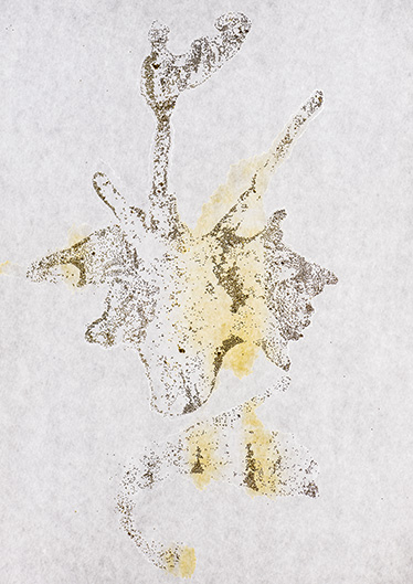 Nanoteilchen im Laserlicht: Die Physikingenieurin Sarah Kurmulis erforscht den Einfluss von Nanoteilchen auf Mensch und Natur. Bianca Dugaro setzte dies künstlerisch um, indem sie Goldglimmer und Wasser auf dem Papier verlaufen liess.
