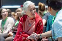Jane Goodall In conversation with an activist from her environmental initiative "Roots & Shoots".