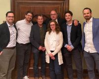 Anniversary celebration of the Wyss Zurich Team with the patient. From left to right: Matteo Müller, Prof. Mark Tibbitt, the patient, Prof. Pierre-Alain Clavien, Lucia Bautista Borrego, Max Hefti and Richard Sousa Da Silva.