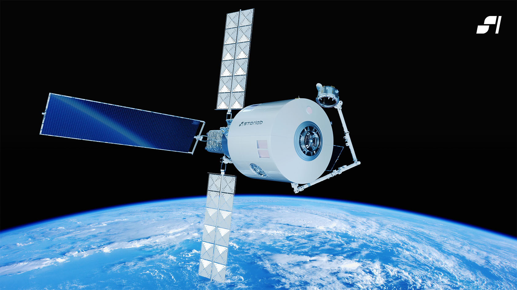 Künstlerische Darstellung der Raumstation Starlab im Raum mit Erdkugel im Hintergrund.