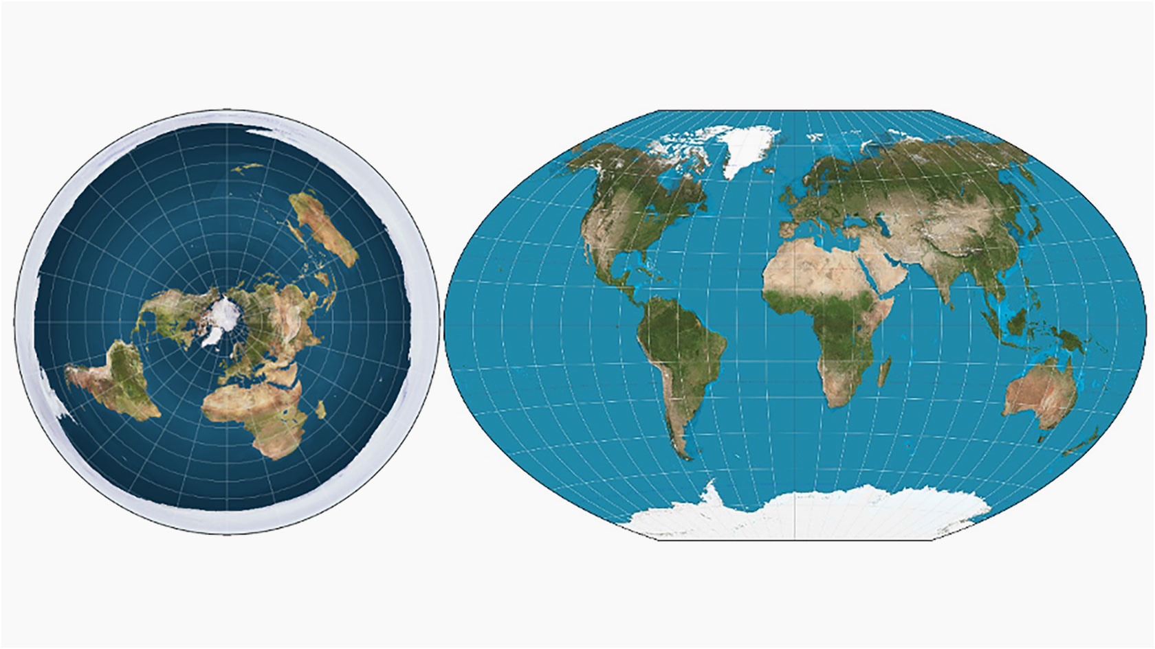 Darstellungen der Erde: Links als Scheibe (Quelle: Flat Earth Society, rechts als Kugel (Quelle: NASA)