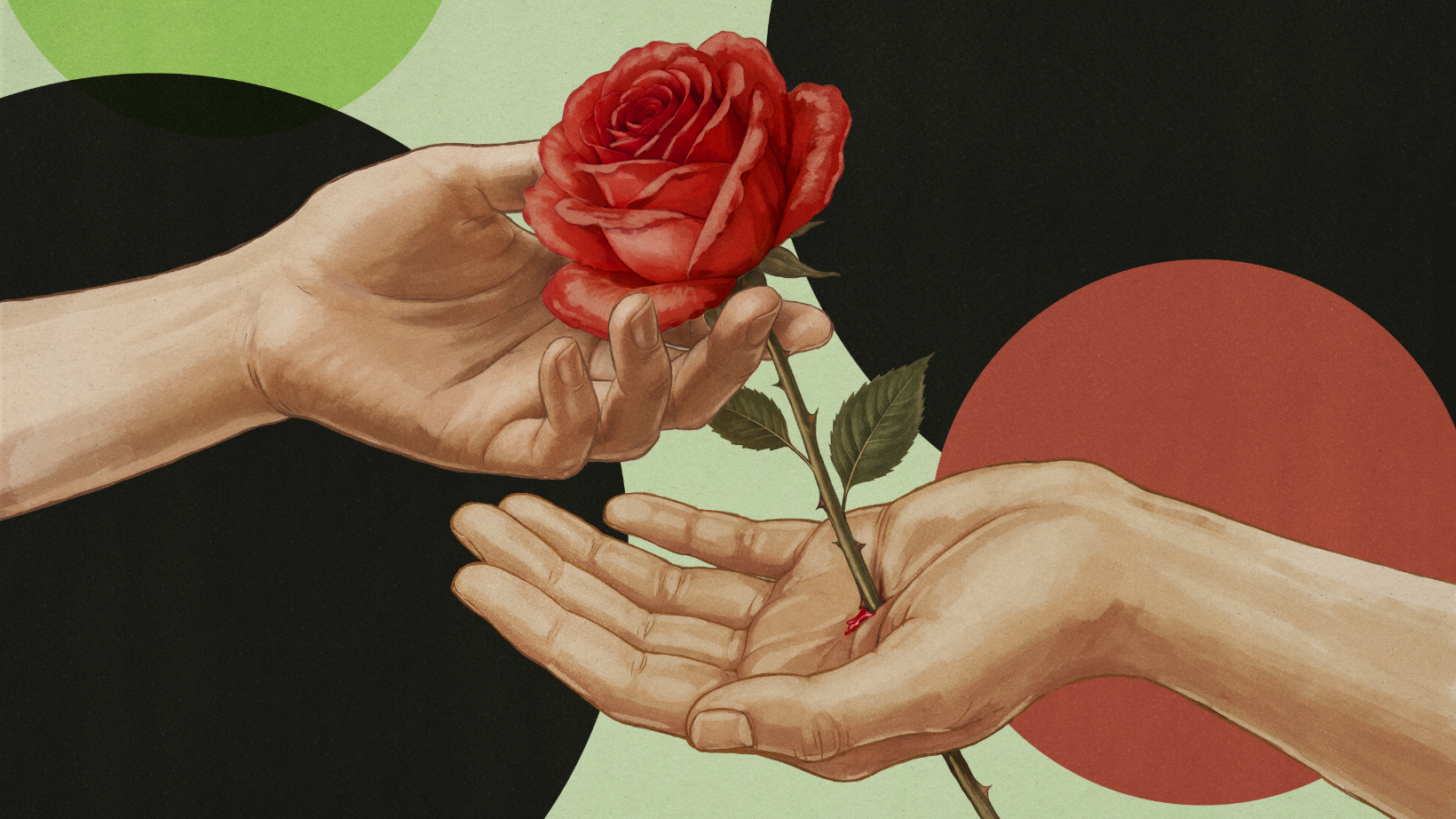 Zeichnung von Händen mit Rose. 