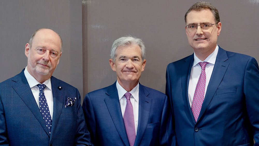 Präsident des SIAF, Martin Meyer, US-Zentralbankchef Jerome Powell und Nationalbankpräsident Thomas Jordan 