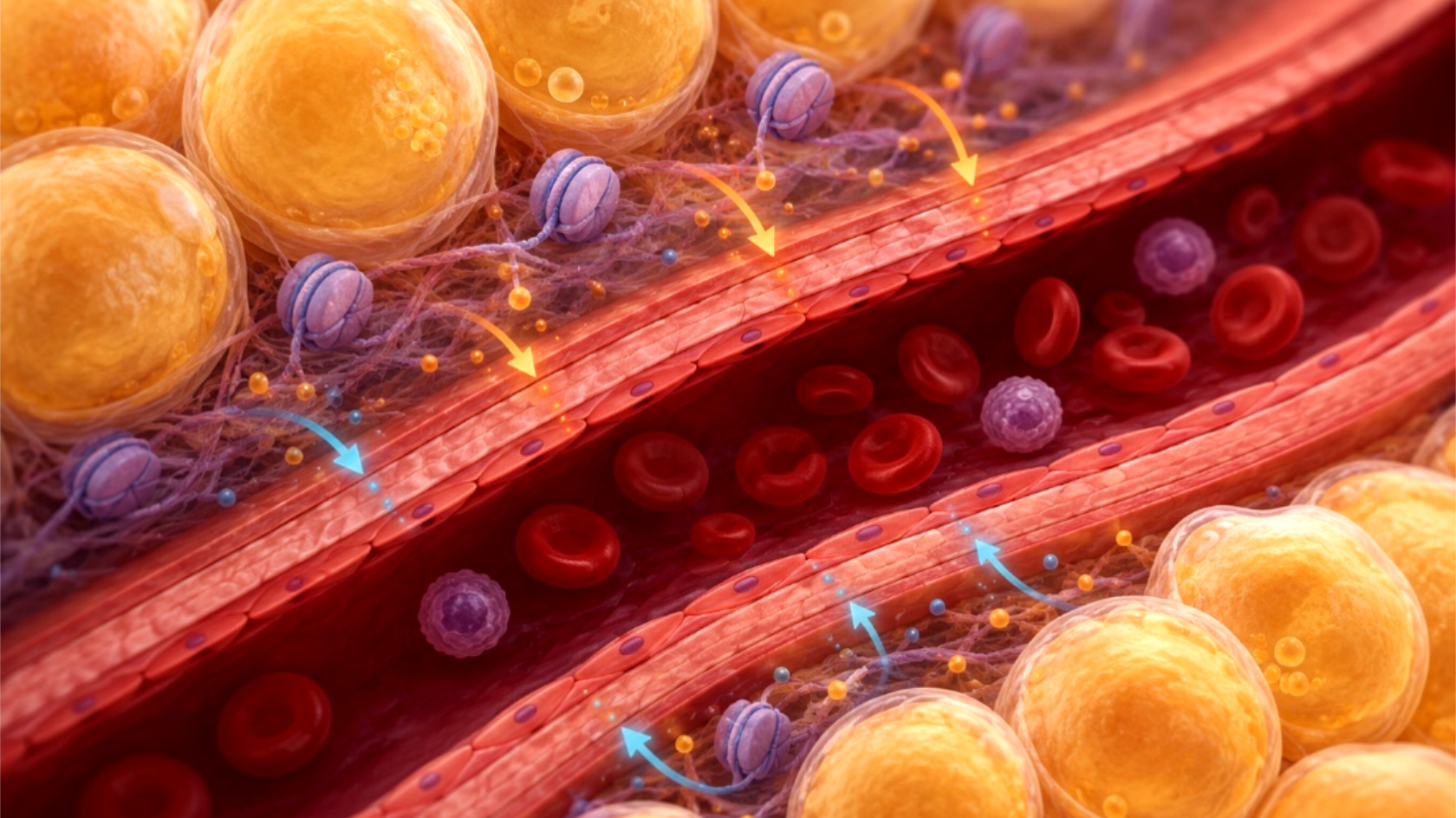 Das KI-generierte Bild zeigt ein Blutgefäss sowie die umgebenden Fettzellen und die Proteine, welche die DNA umhüllen.
