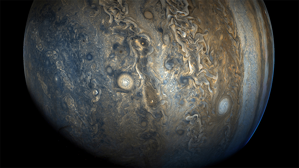Jupiters südliche Hemisphäre fotografiert von der NASA-Sonde Juno.  