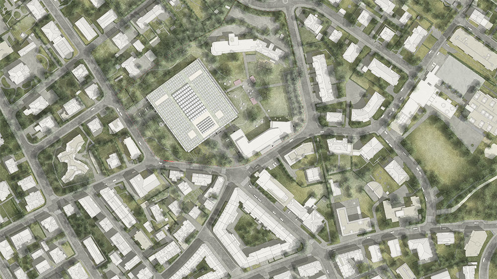 Die Visualisierung zeigt im Zentrum den kompakten Neubau – umrahmt von einem grosszügigen Park sowie den Bestandsbauten auf dem Areal des Kinderspitals Zürich.