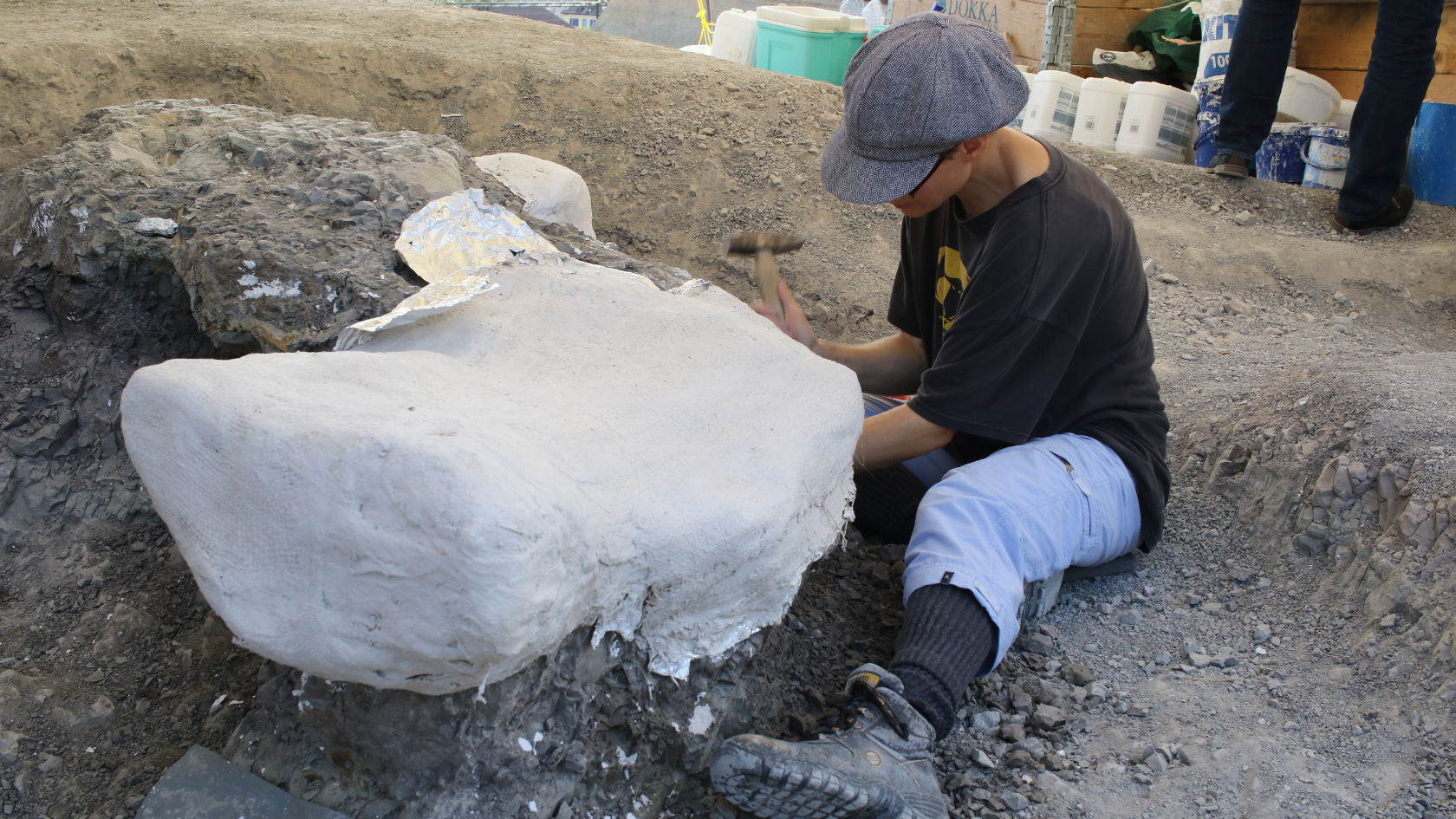 Ursina Bachmann vom Sauriermuseum Frick gräbt einen Teil des mit Schutzplanen bedeckten Skeletts eines Plateosaurus aus. (Bild: Dennis Hansen)