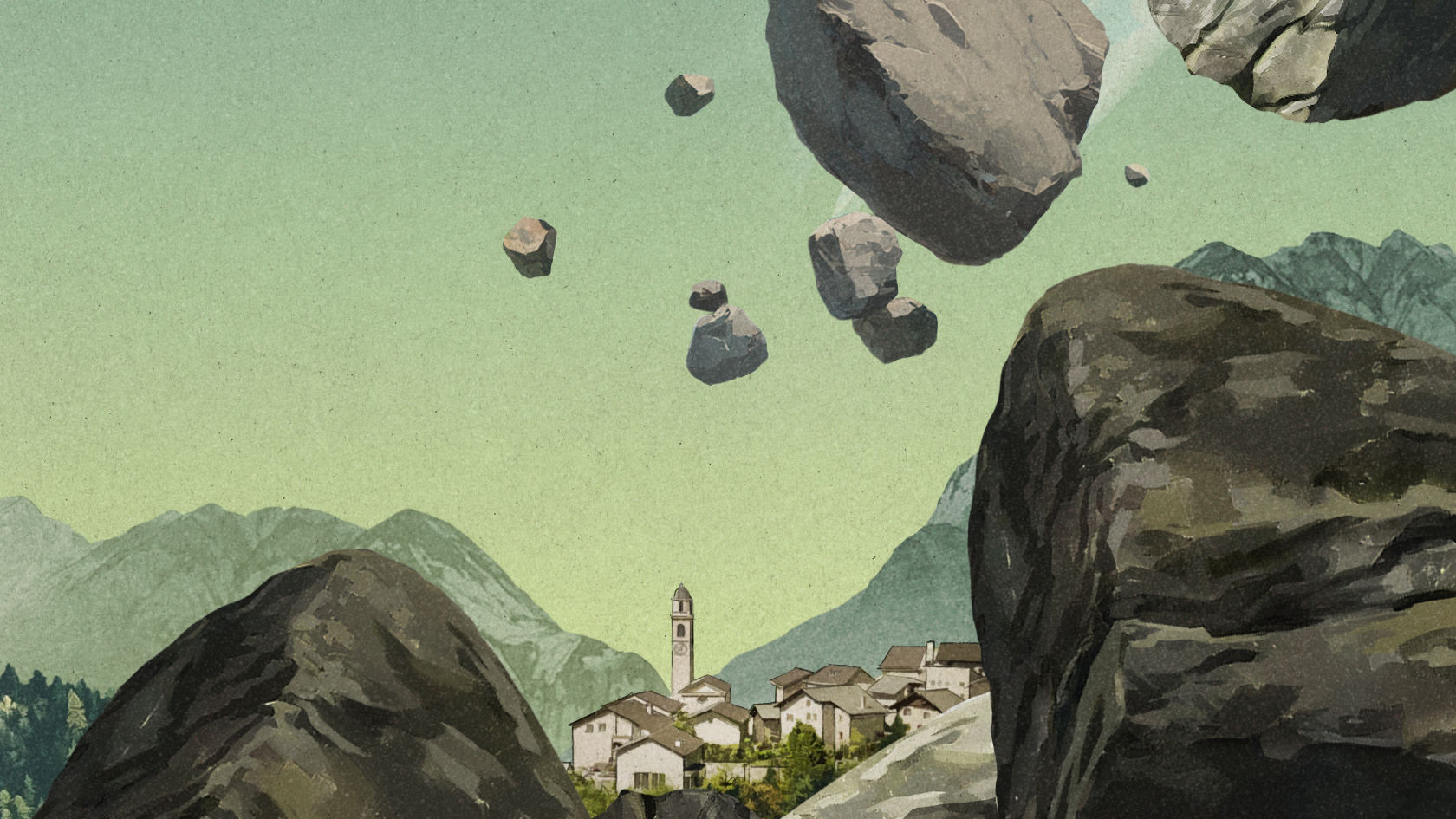 Illustration: Felsbrocken, die auf eine Bergdorf fallen