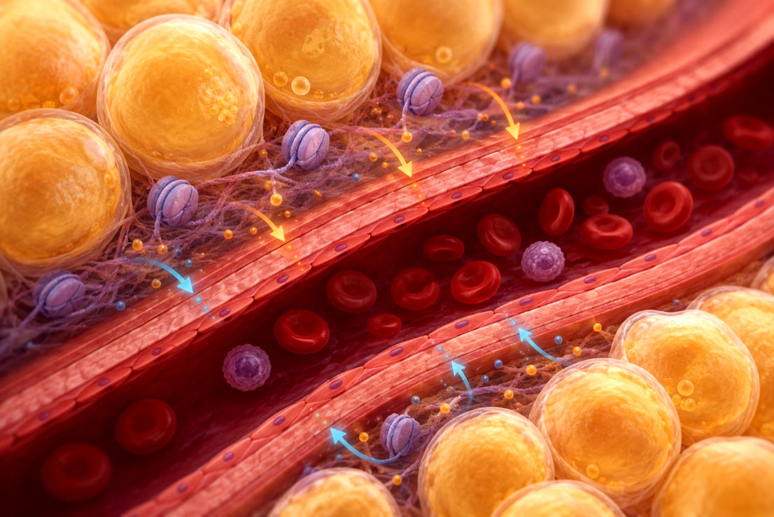 Das KI-generierte Bild zeigt ein Blutgefäss sowie die umgebenden Fettzellen und die Proteine, welche die DNA umhüllen.
