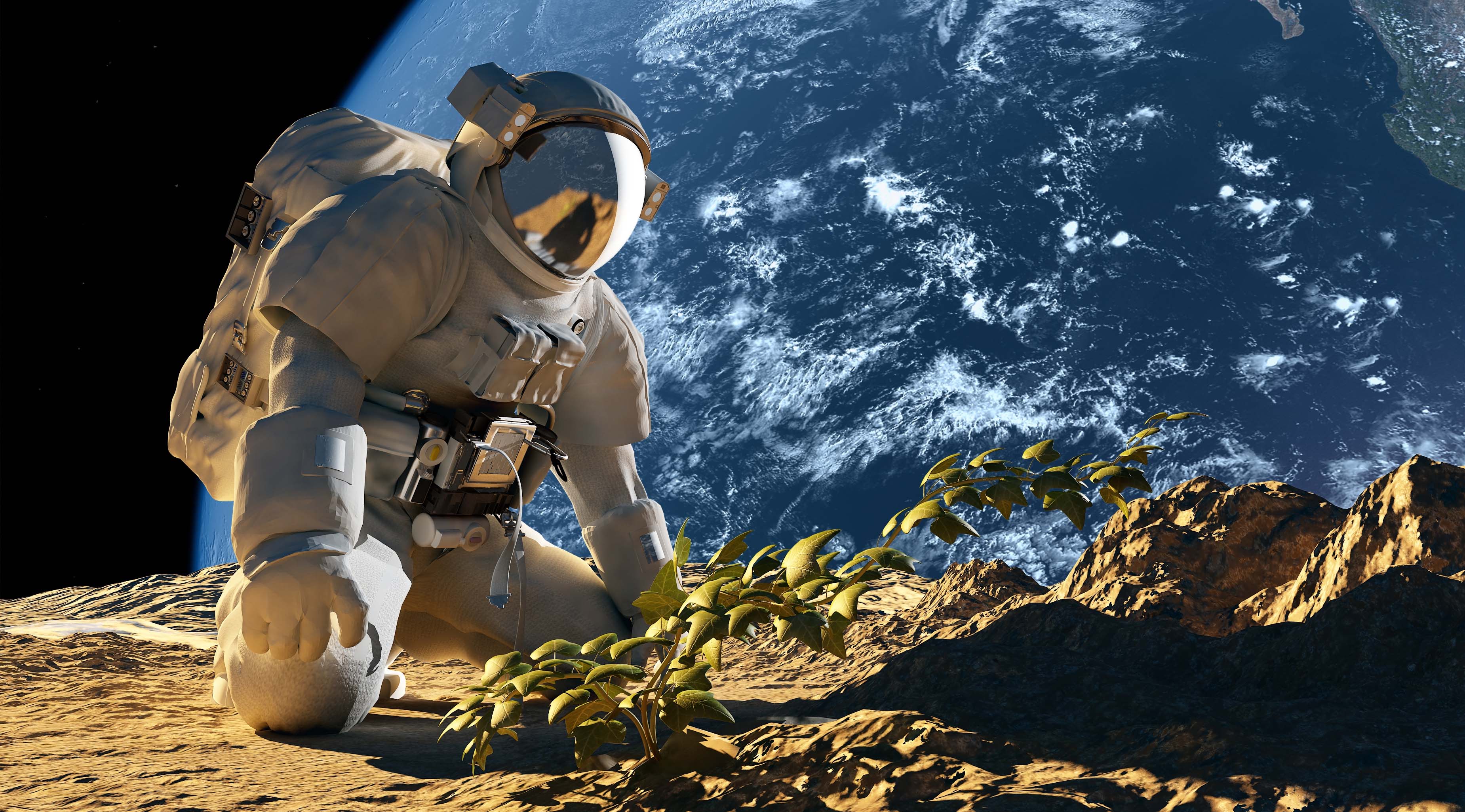 Astronaut auf dem Mond vor einer Pflanze
