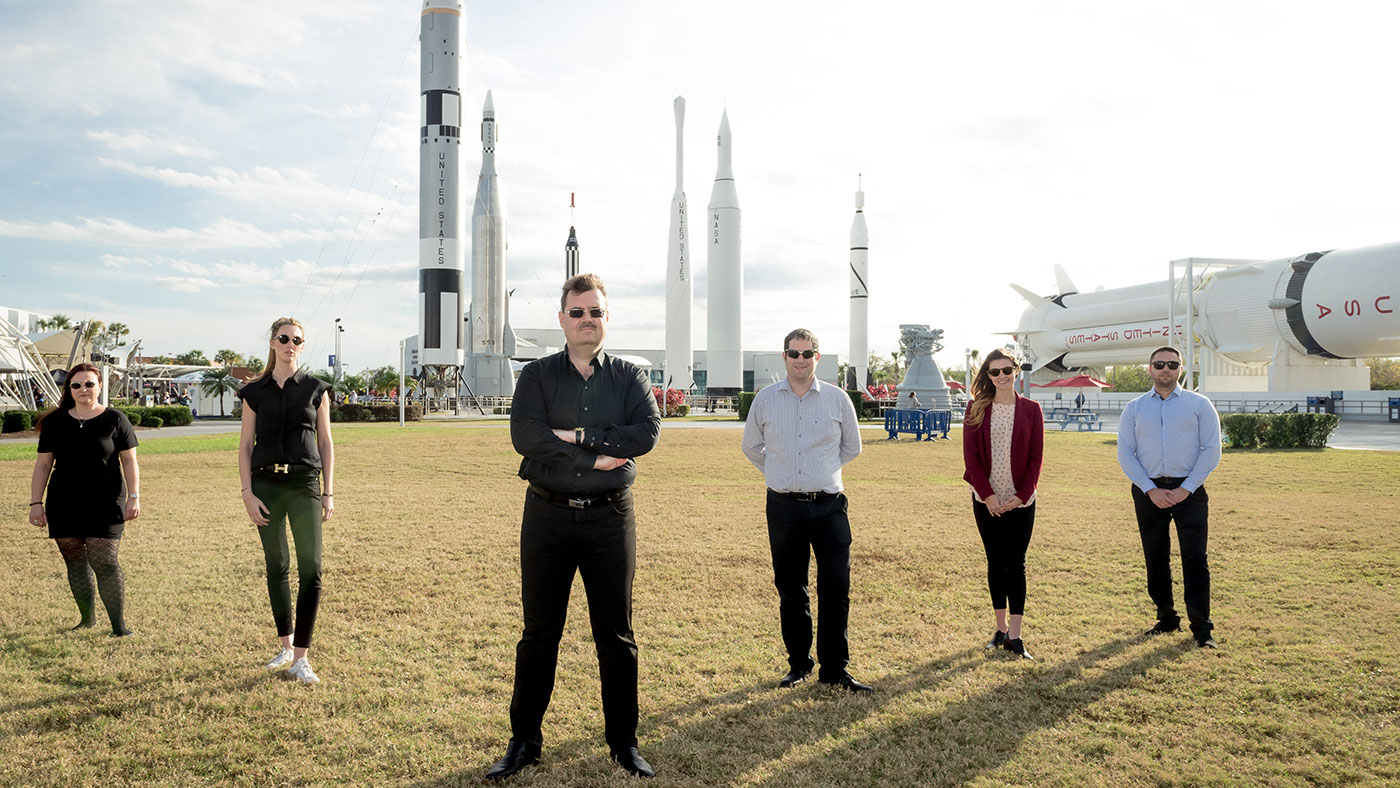 <p>Space Hub at the Kennedy Space Center: The UZH team with Professor Oliver Ullrich and employees from the Swiss-Israeli company Spacepharma. Their life-science experiment was brought from concept to implementation on the International Space Station in a record time of only three months. (Picture: Regina Sablotny, UZH)</p> 