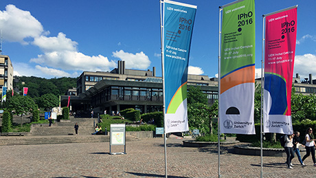 The flags of the IPhO 2016 are waving on Irchel Campus of the University of Zurich.