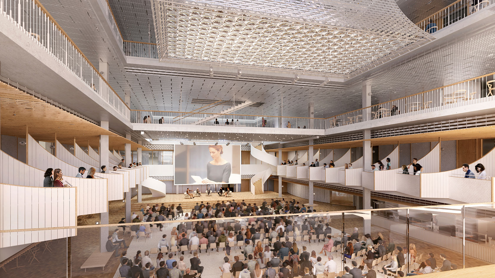 In the lecture hall, which is modelled on the English Parliament, students sit opposite each other on stands.