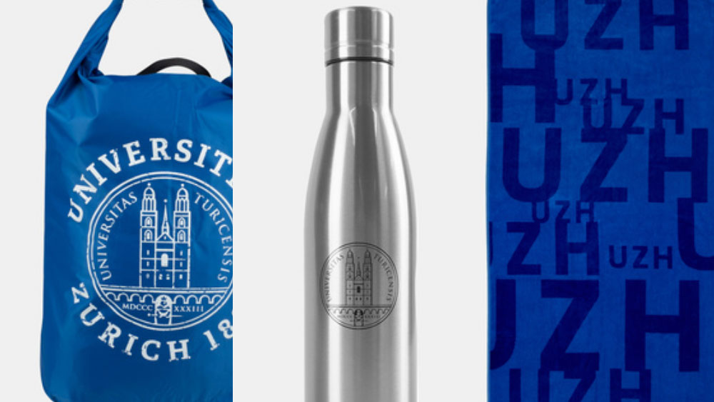 Preise für das UZH-Sommerquiz: Ein Drybag, eine Trinkflasche und ein Badetuch im UZH-Design.