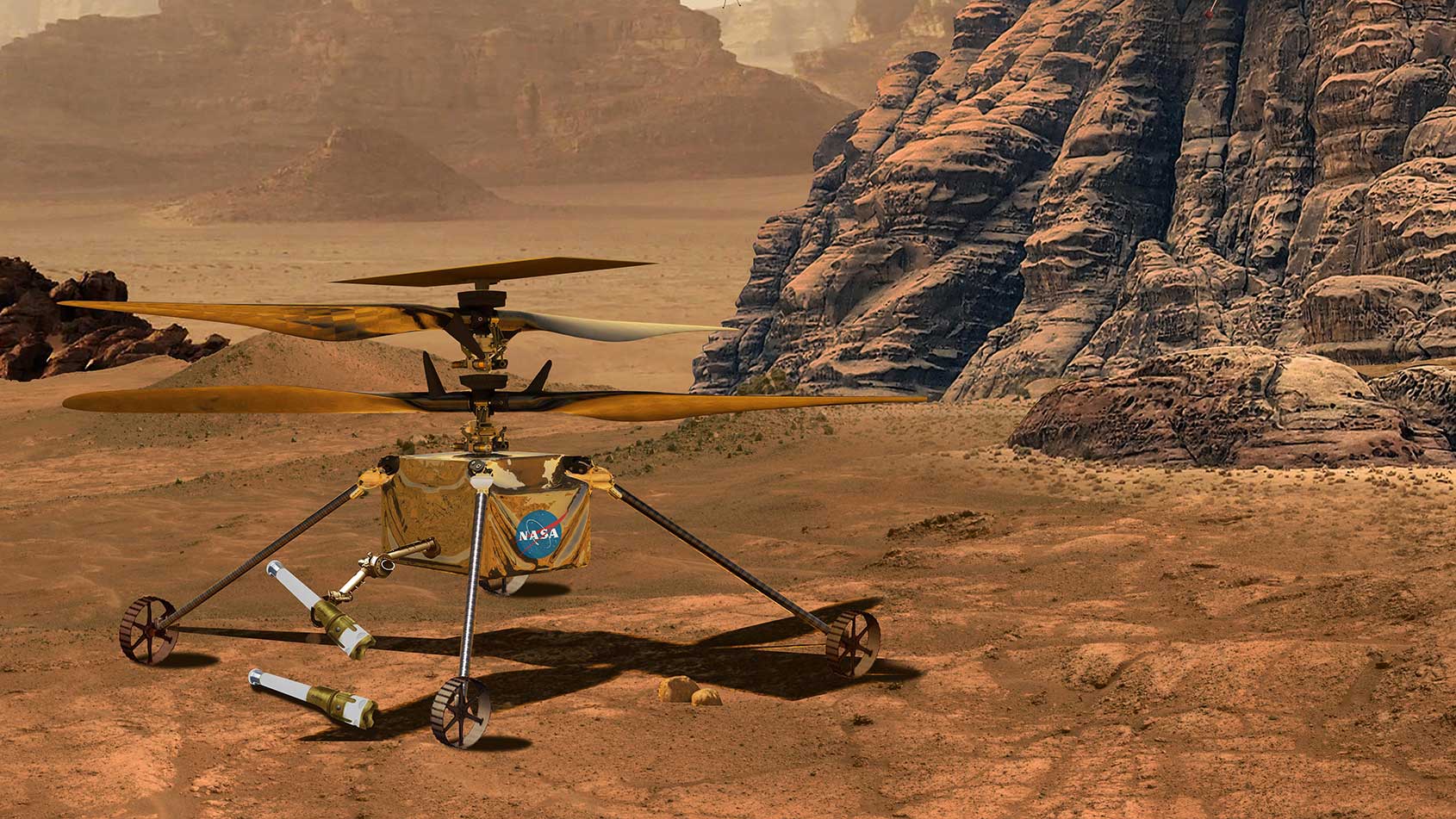 Künstlerische Darstellung eines Mars-Helikopters