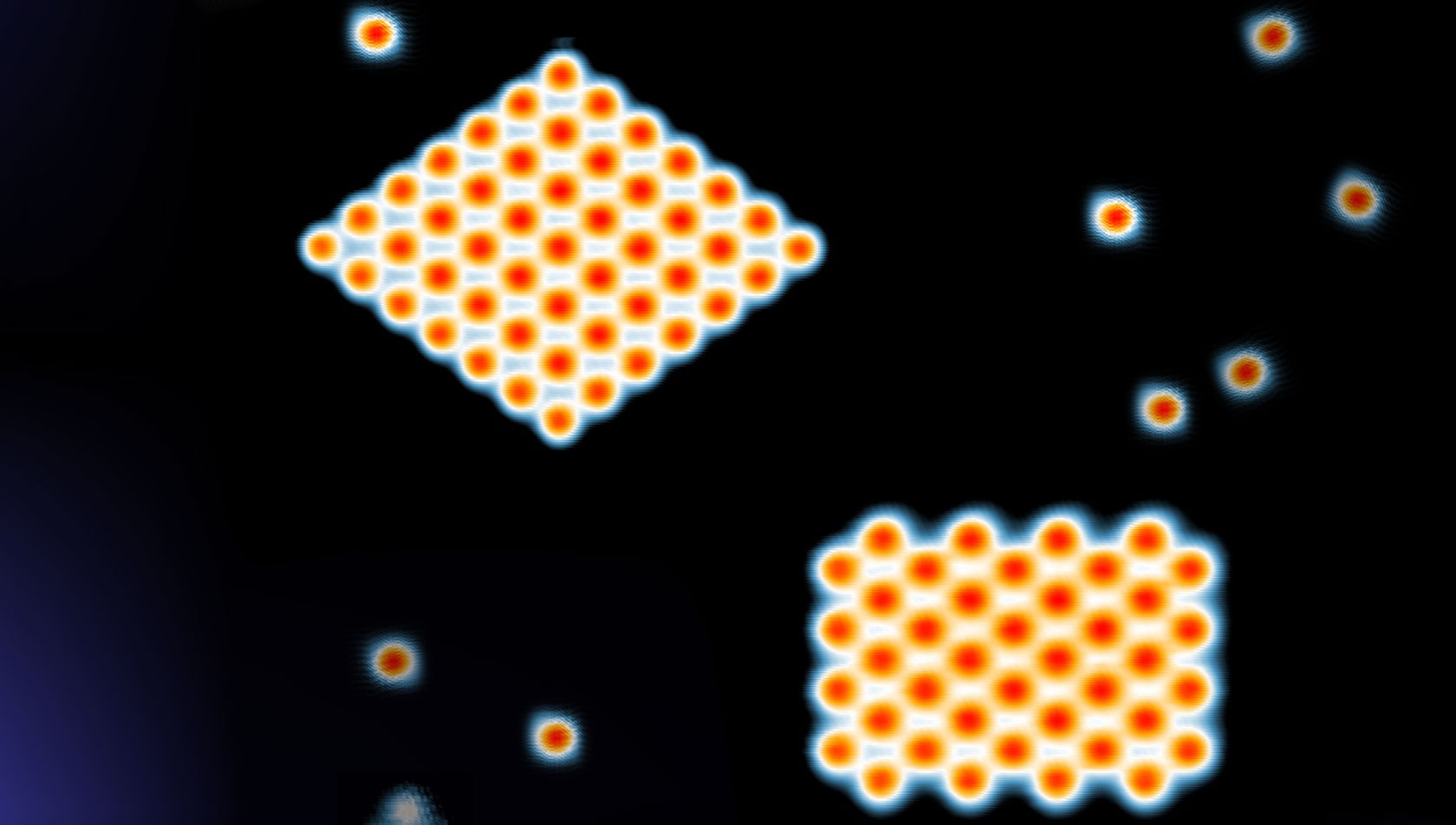 Scanning tunnelling microscope image of two of the superconducting structures created, which consist of individual chromium atoms.