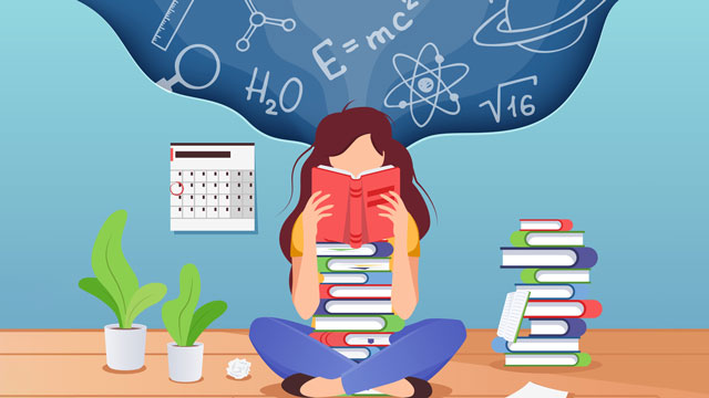 Junges Mädchen mit Büchern und Gedankenwolke voller Formeln und naturwissenschaftlichen Symbolen