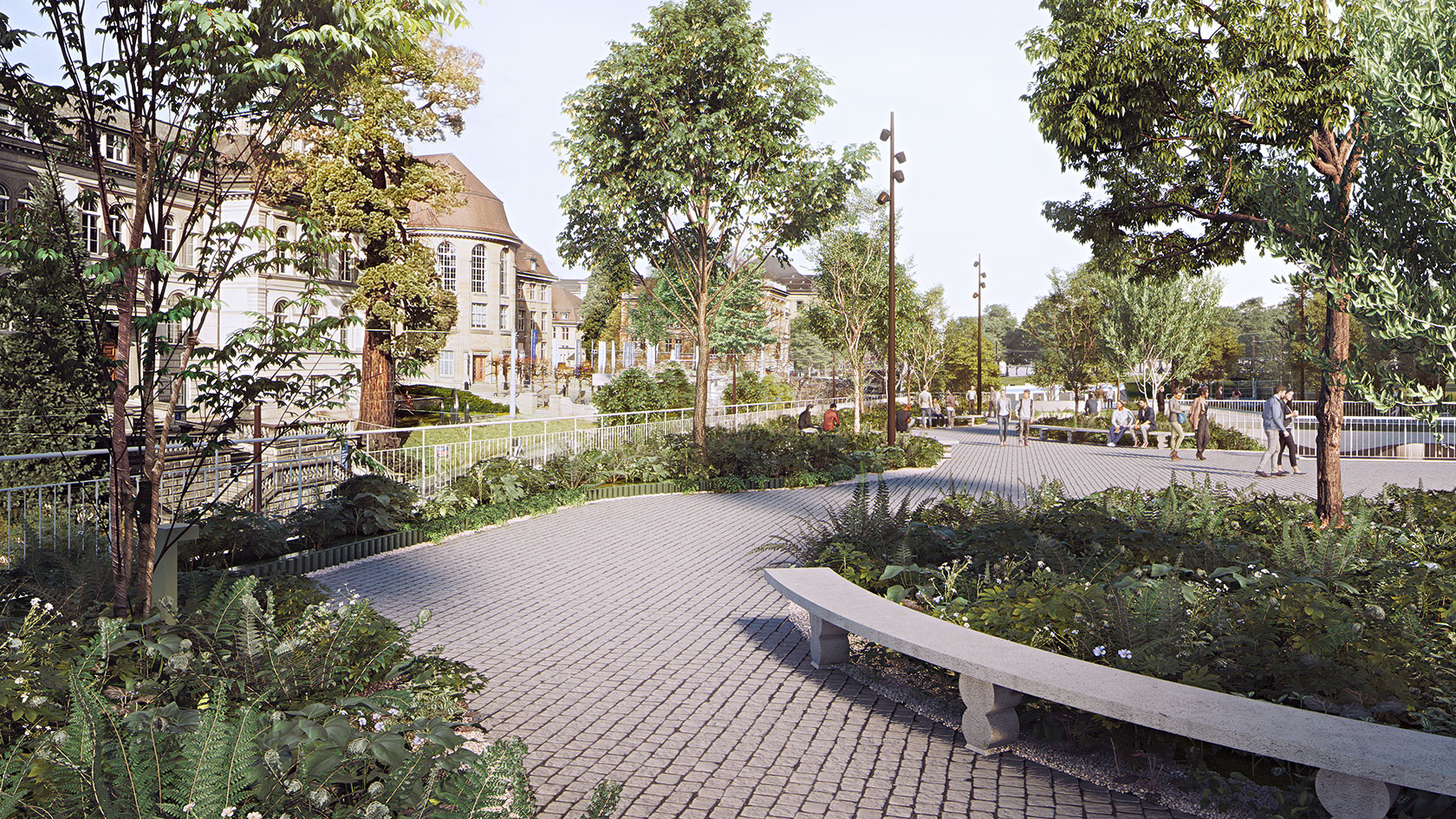Der öffentlich zugängliche und begrünte Stadtplatz vor dem FORUM UZH schafft eine Plattorm zur Begegnung.