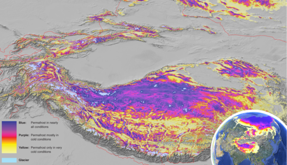 Die neue Karte für die Region Himalaya, Karakorum, Tibet und Zentralasien. Mehr Menschen leben hier im Einflussbereich von Permafrost im Gebirge als Menschen auf Permafrost in polaren Gebieten leben