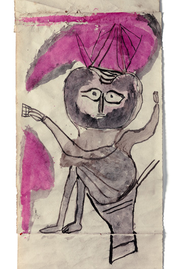 Dieser Ausschnitt aus einer Bildrolle zeigt Jom Raja, den Herrn über die Welt der Toten. Künstler: Manbodh Chitrakar. Herkunft: Majuramura, Westbengalen.
